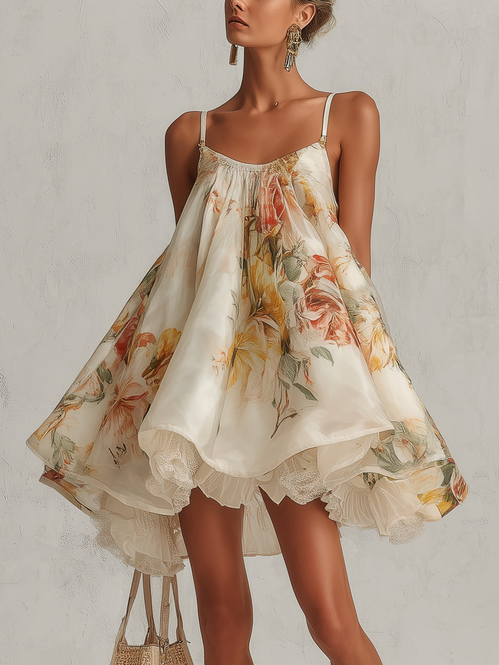BLANCHE | VESTITO MINI A TRAPEZIO IN ORGANZA FLOREALE BEIGE CON BORDO IN PIZZO