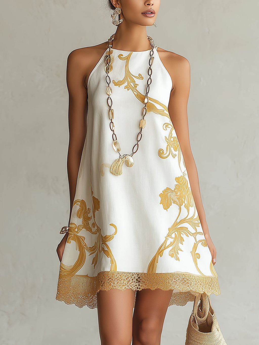 HÉLOÏSE | VESTITO MINI IN PIZZO BIANCO CON MOTIVI DORATI