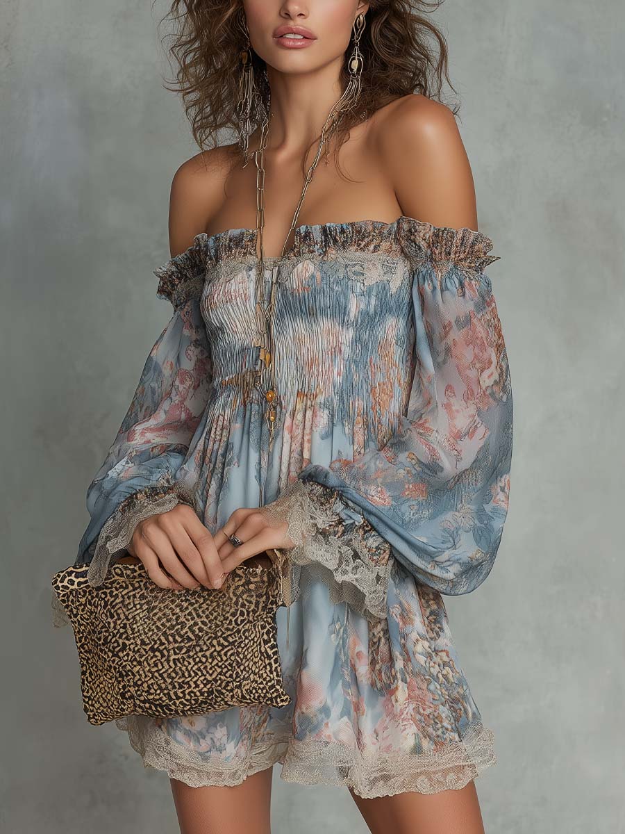 ROMANE | VESTITO MINI IN MUSSOLA ARRICCIATA CON SPALLE SCOPERTE E FIORI ROMANTICI