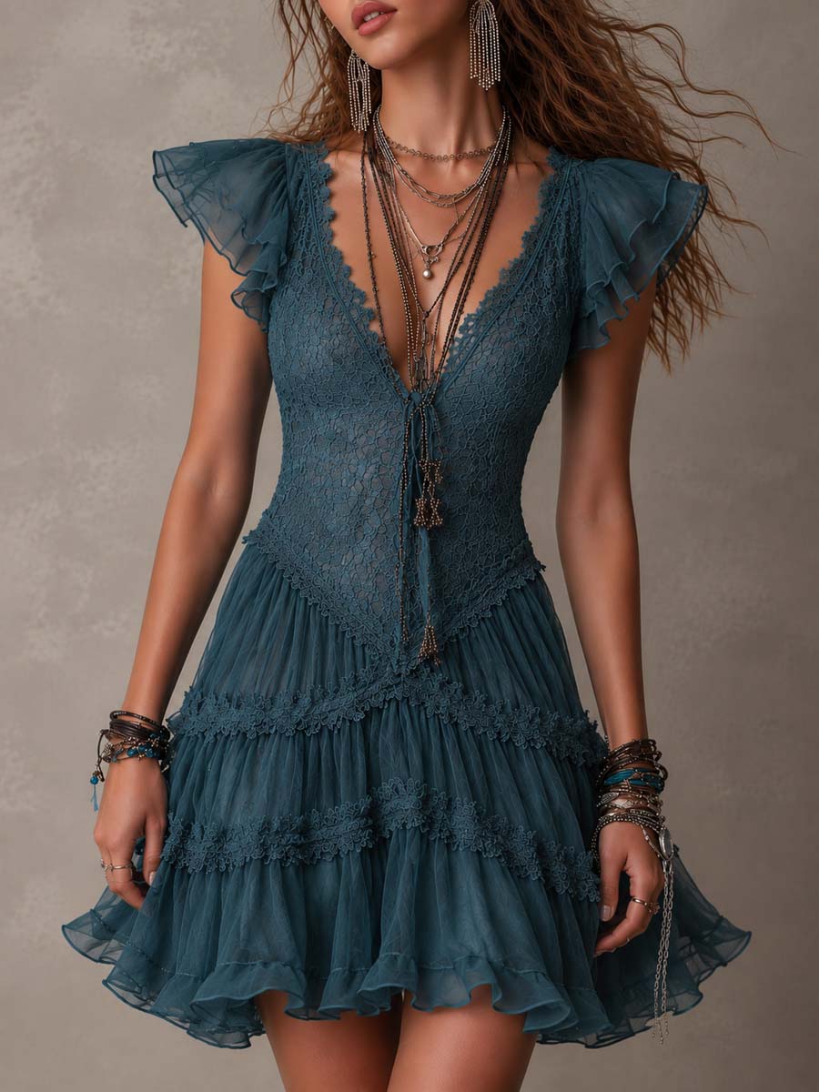 DELPHINE | VESTITO MINI CON BALZE IN PIZZO E MUSSOLA BLU RETRÒ