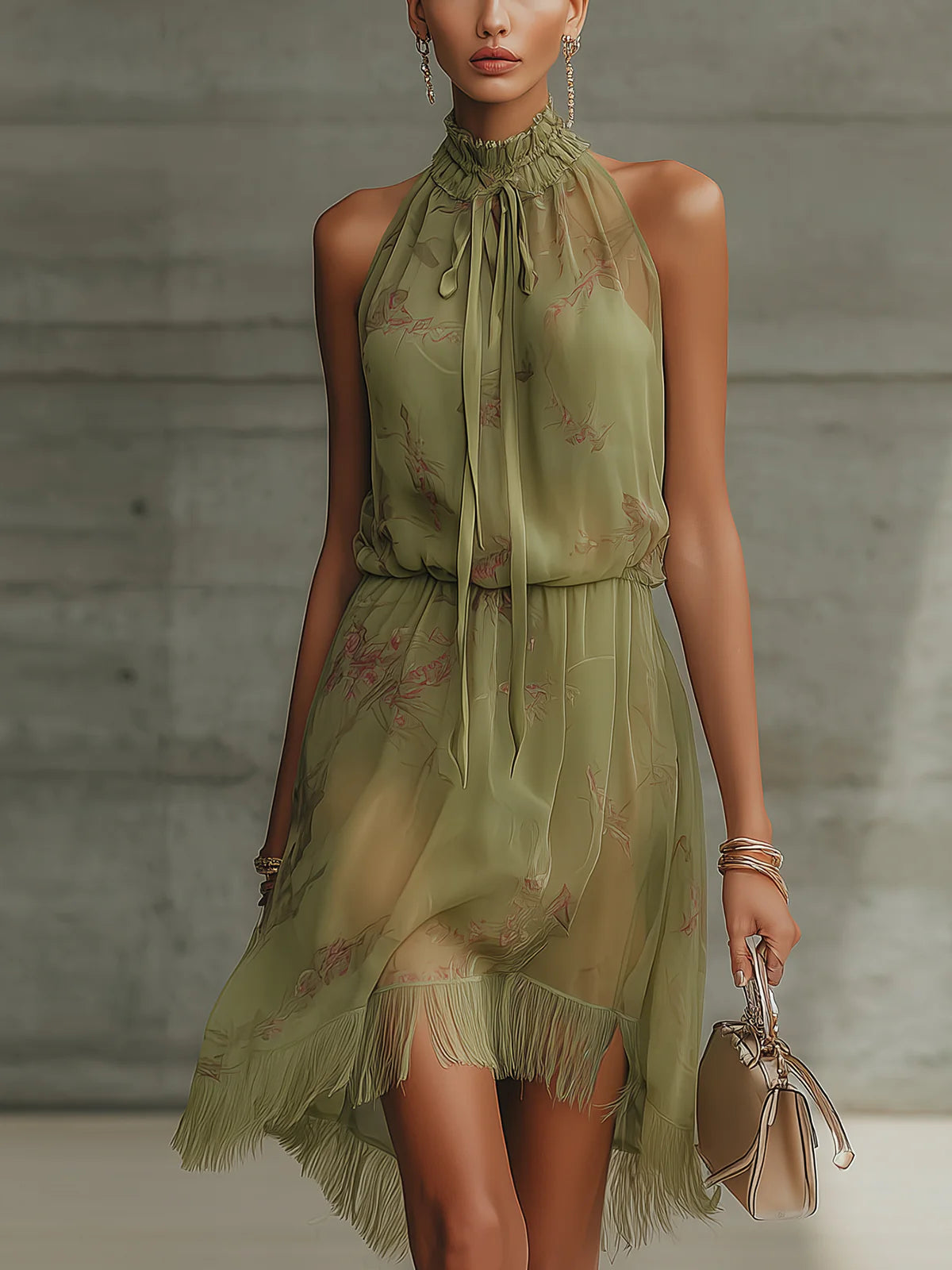 SYLVIE | MINI ABITO IN MOUSSELINE VERDE A STAMPA FLOREALE, VITA ALTA