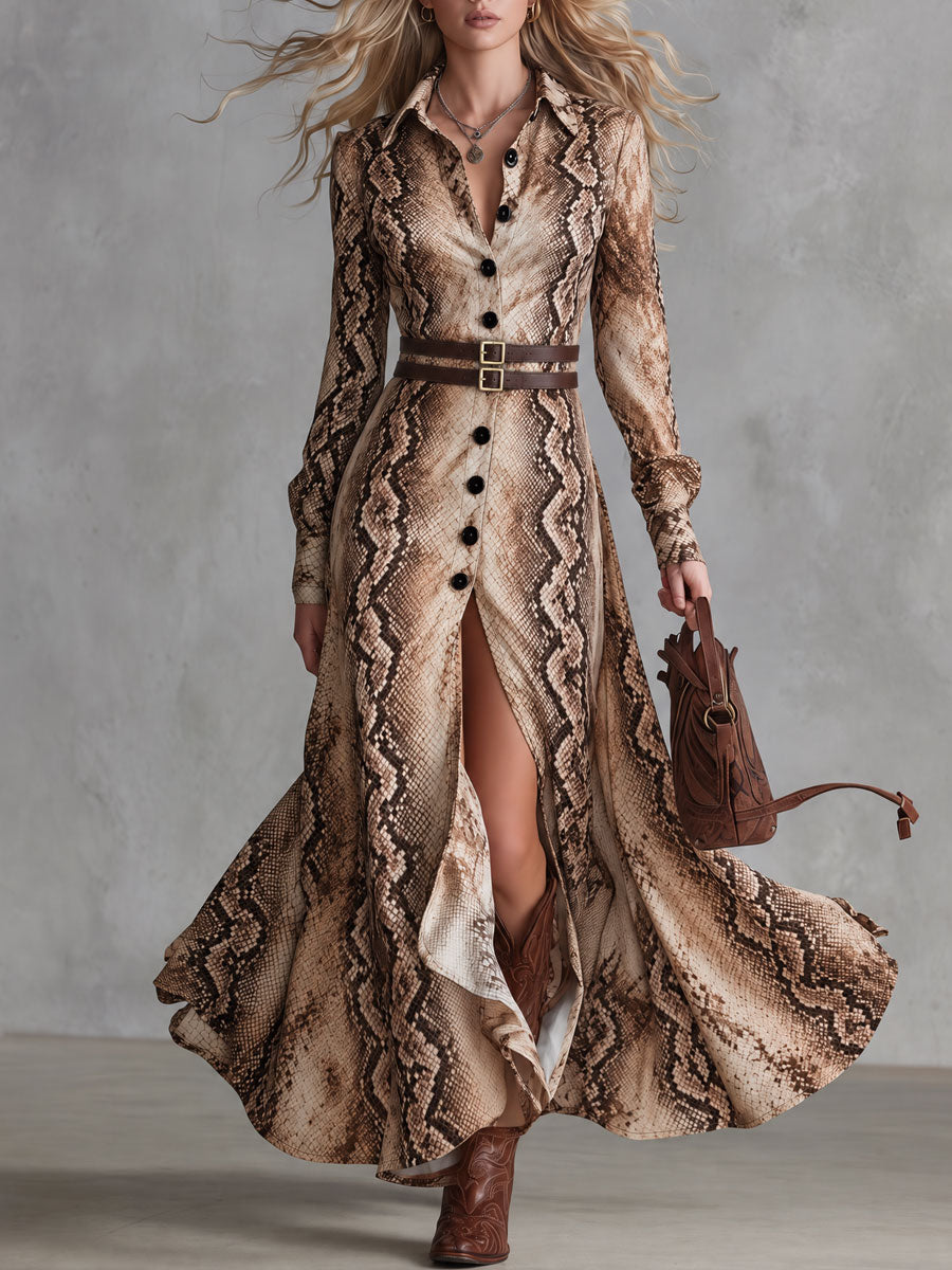 ESTHER | ABITO MAXI MARRONE VINTAGE CON STAMPA RETTILE, DOPPIE SPALLINE E SPACCO