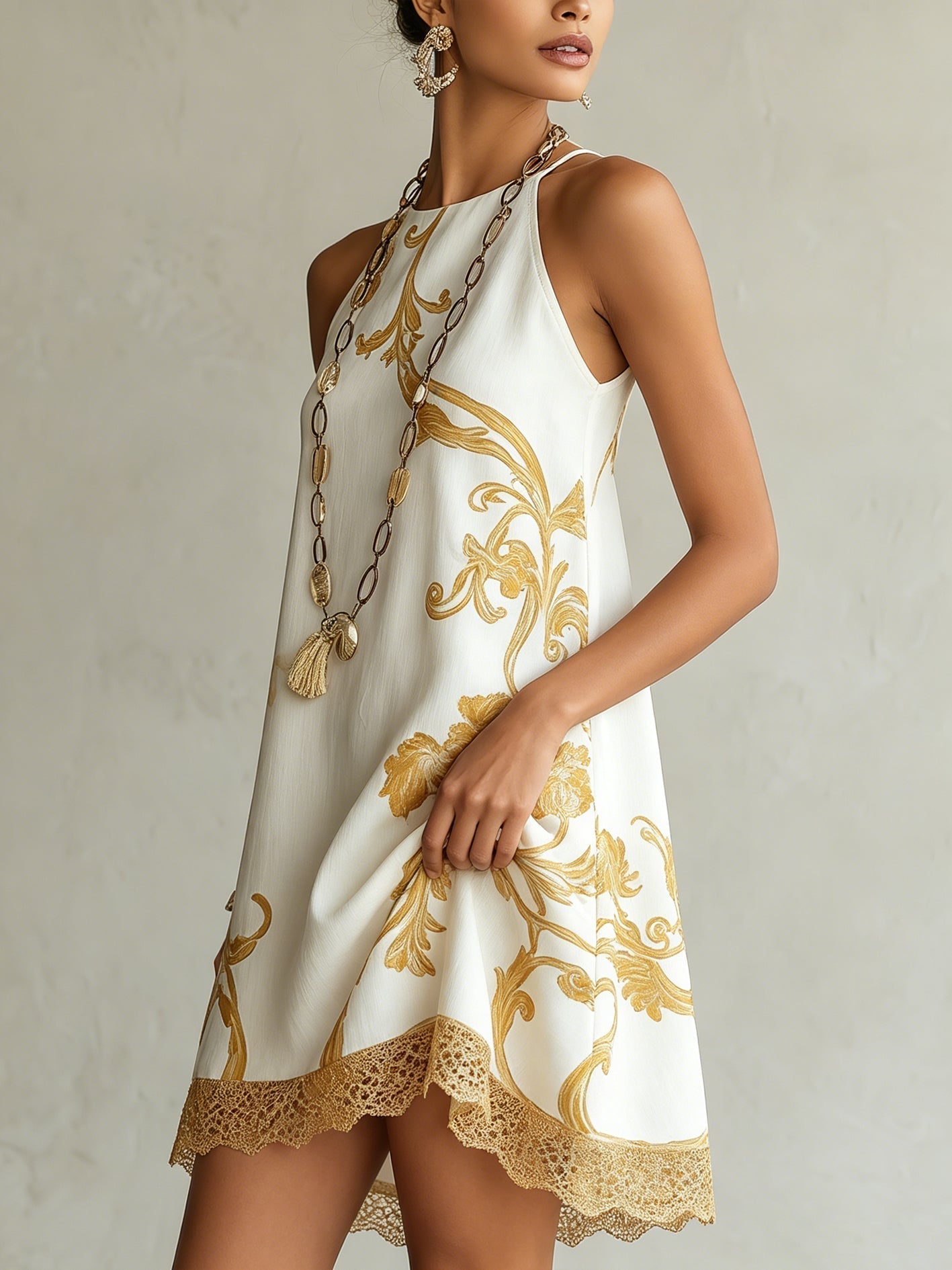 HÉLOÏSE | VESTITO MINI IN PIZZO BIANCO CON MOTIVI DORATI