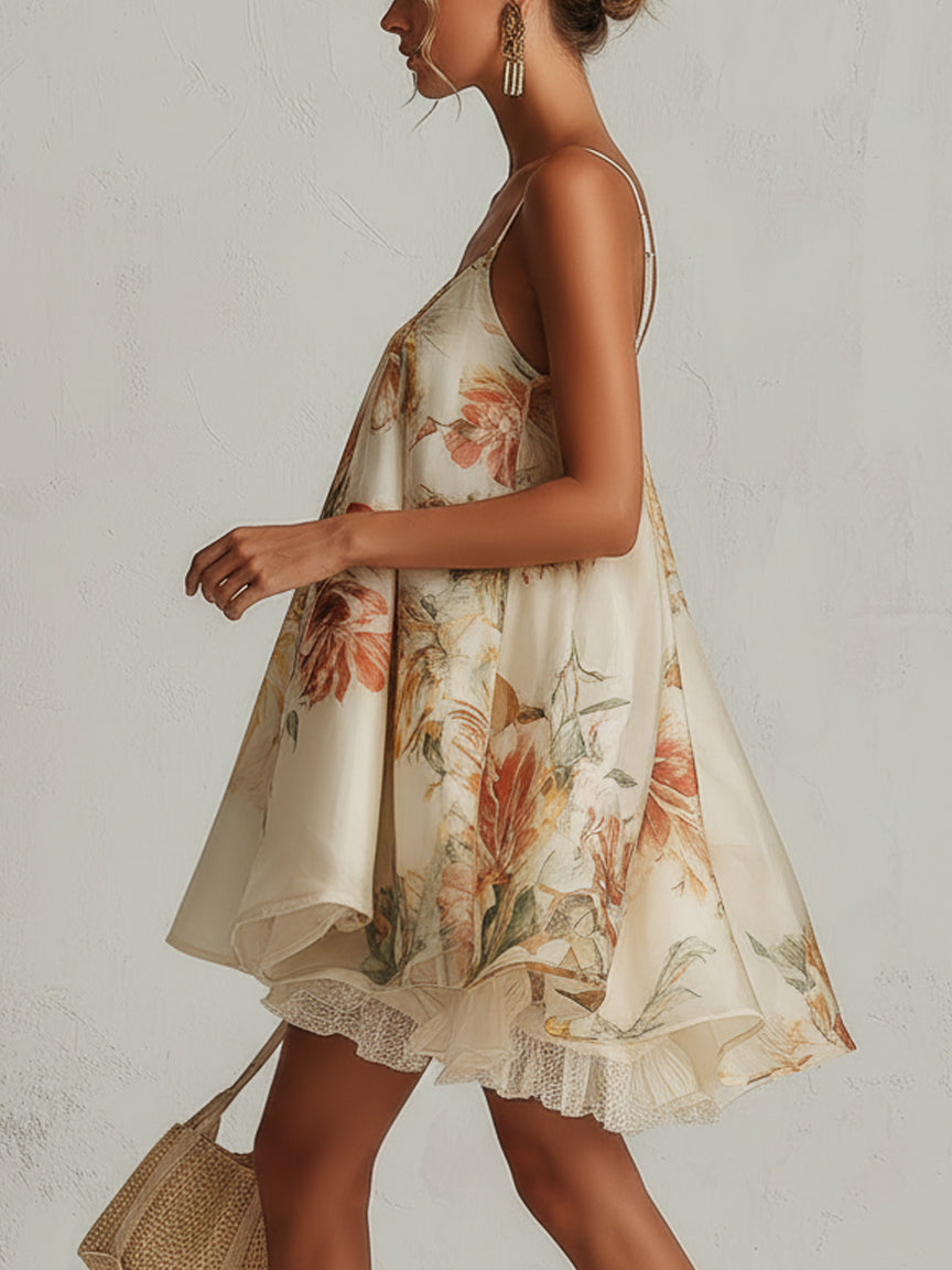BLANCHE | VESTITO MINI A TRAPEZIO IN ORGANZA FLOREALE BEIGE CON BORDO IN PIZZO