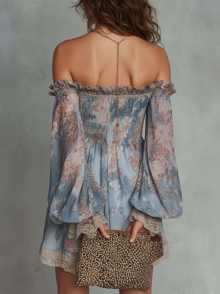 ROMANE | VESTITO MINI IN MUSSOLA ARRICCIATA CON SPALLE SCOPERTE E FIORI ROMANTICI