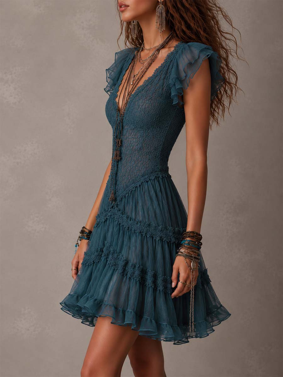 DELPHINE | VESTITO MINI CON BALZE IN PIZZO E MUSSOLA BLU RETRÒ