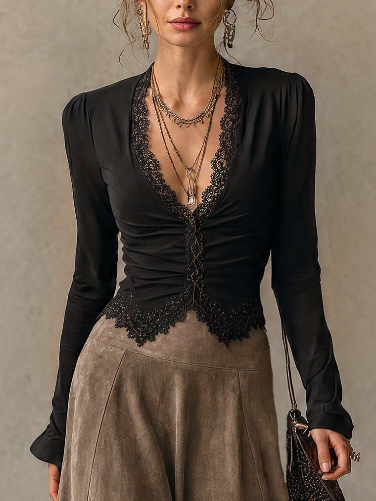 ALBANE | COMPLETO CON TOP IN PIZZO E GONNA MAXI IN SIMILCAMOSCIO, NERO E TORTORA