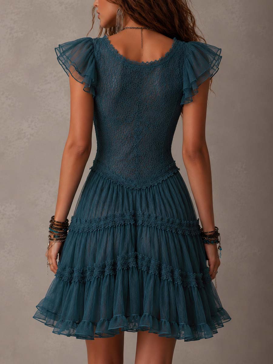 DELPHINE | VESTITO MINI CON BALZE IN PIZZO E MUSSOLA BLU RETRÒ