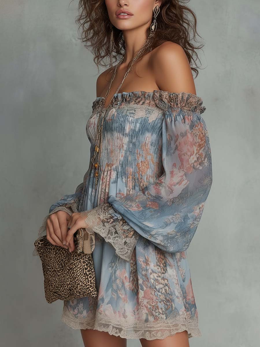 ROMANE | VESTITO MINI IN MUSSOLA ARRICCIATA CON SPALLE SCOPERTE E FIORI ROMANTICI