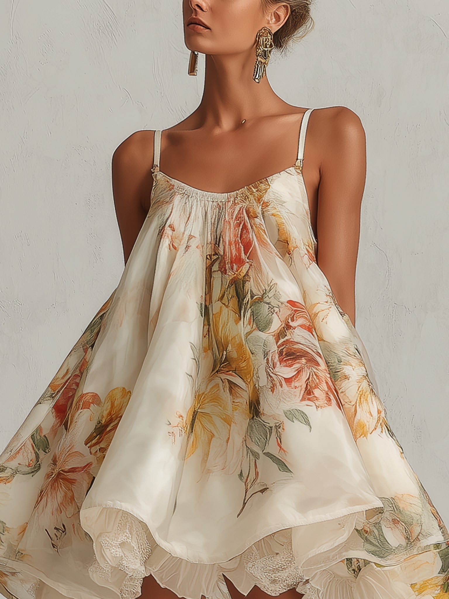 BLANCHE | VESTITO MINI A TRAPEZIO IN ORGANZA FLOREALE BEIGE CON BORDO IN PIZZO