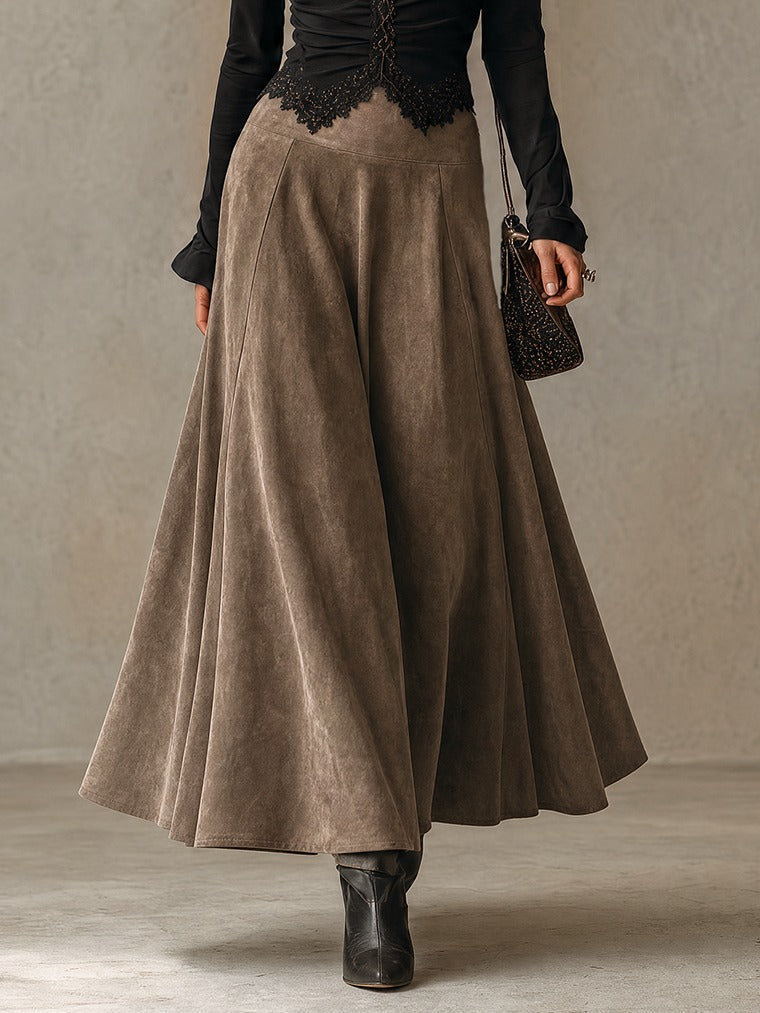 ALBANE | COMPLETO CON TOP IN PIZZO E GONNA MAXI IN SIMILCAMOSCIO, NERO E TORTORA