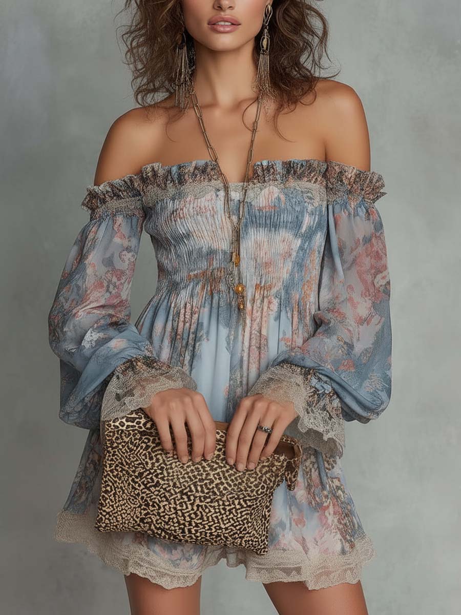 ROMANE | VESTITO MINI IN MUSSOLA ARRICCIATA CON SPALLE SCOPERTE E FIORI ROMANTICI