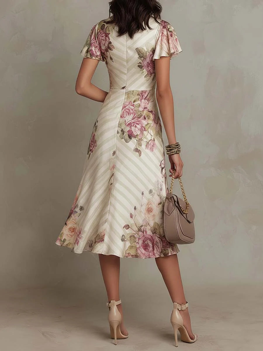 ALBA | ABITO MIDI IN RASO FLOREALE ELEGANTE RETRÒ