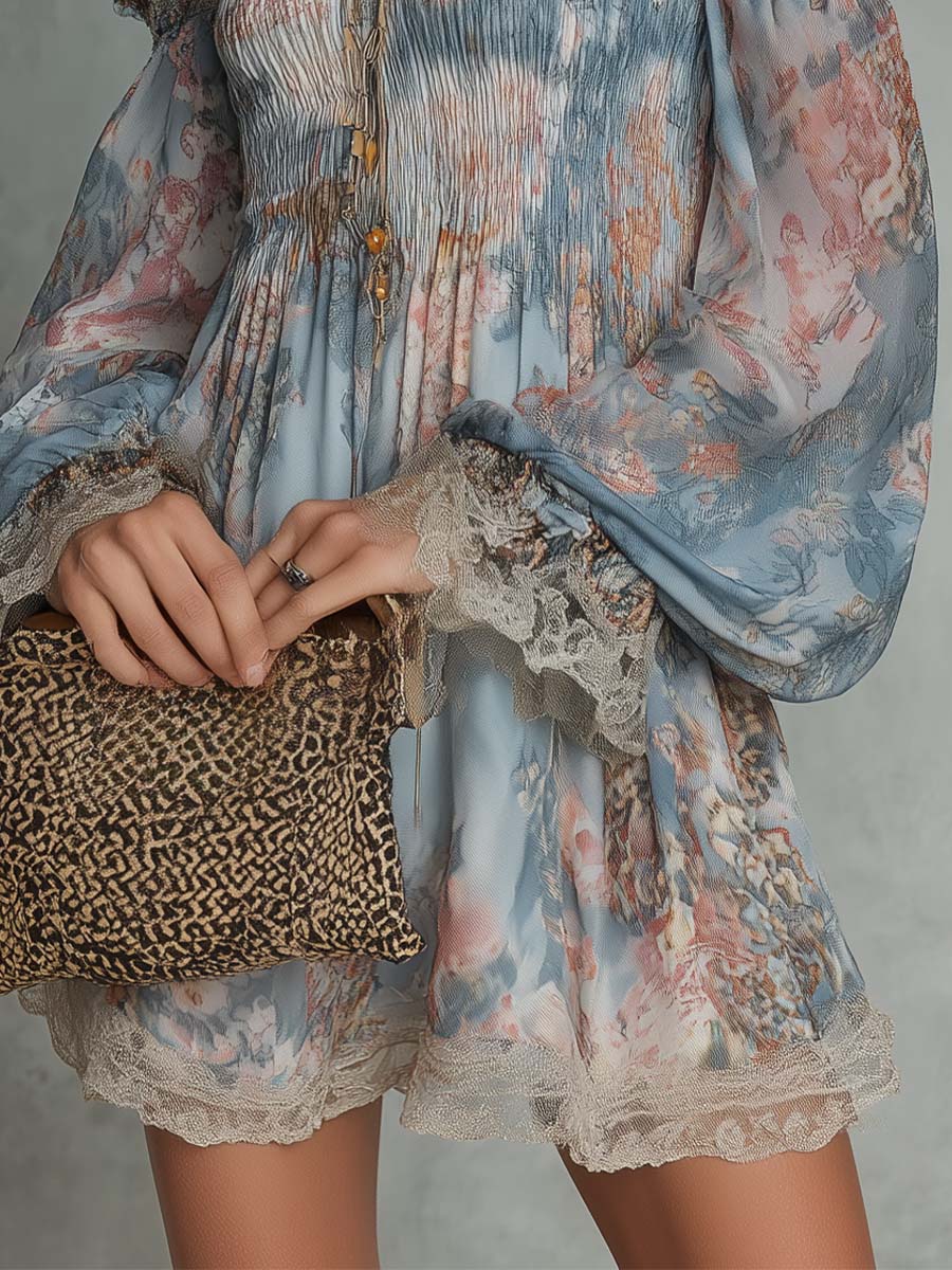 ROMANE | VESTITO MINI IN MUSSOLA ARRICCIATA CON SPALLE SCOPERTE E FIORI ROMANTICI