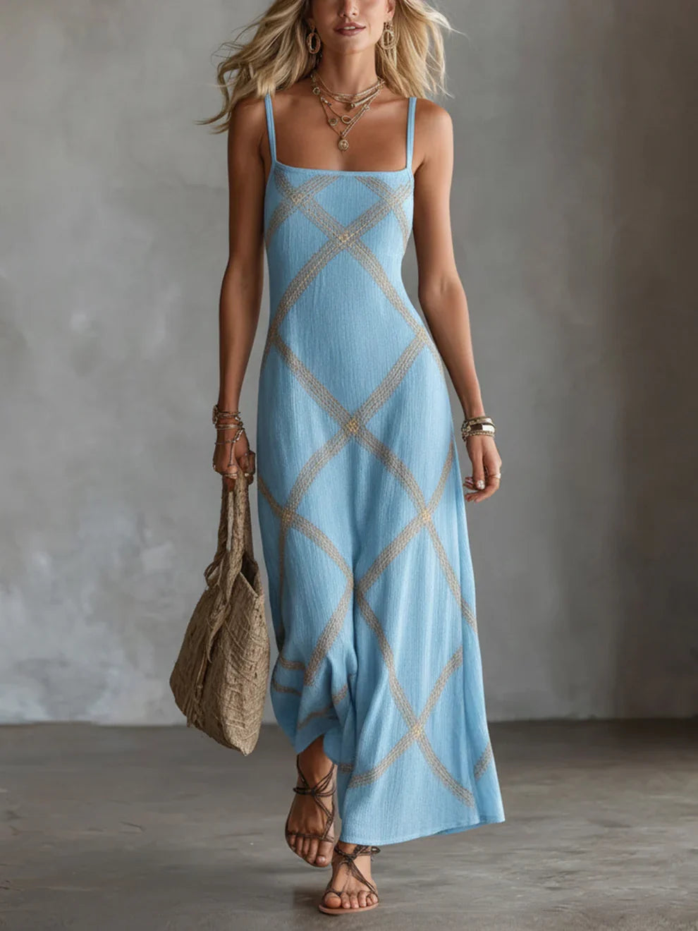 Melisa | Vestito Maxi Geometrico con Scollo Quadrato