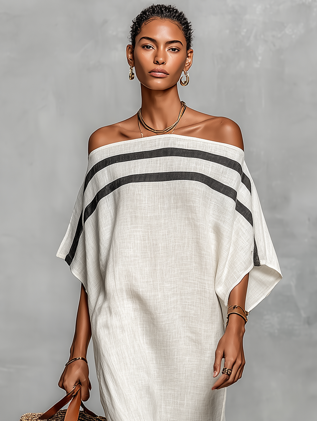 Maxi Abito Minimalista in Lino da Donna con Scollo Off-the-Shoulder e Maniche a Campana