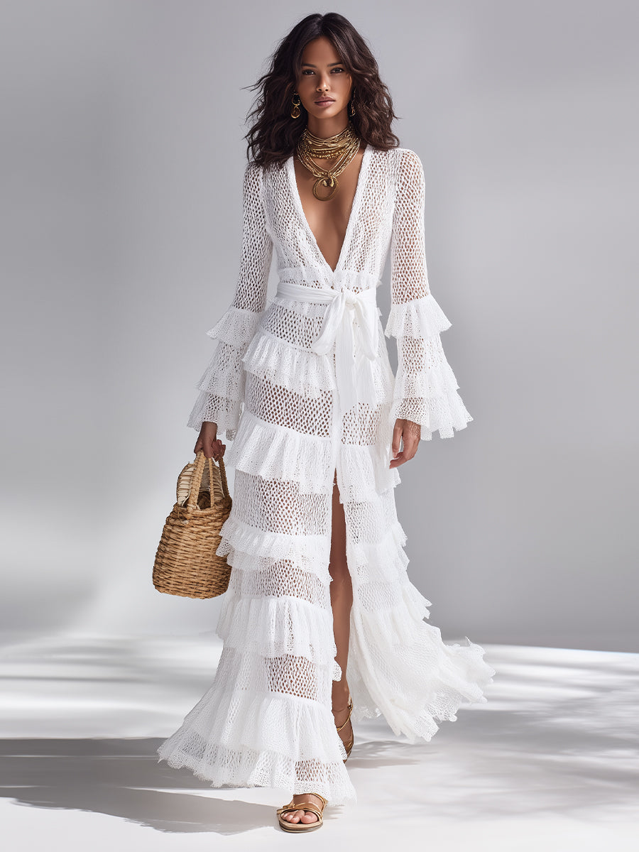 Cardigan de ganchillo blanco brillante para mujer con escote en V profundo y volantes superpuestos, estilo bohemio-chic atemporal