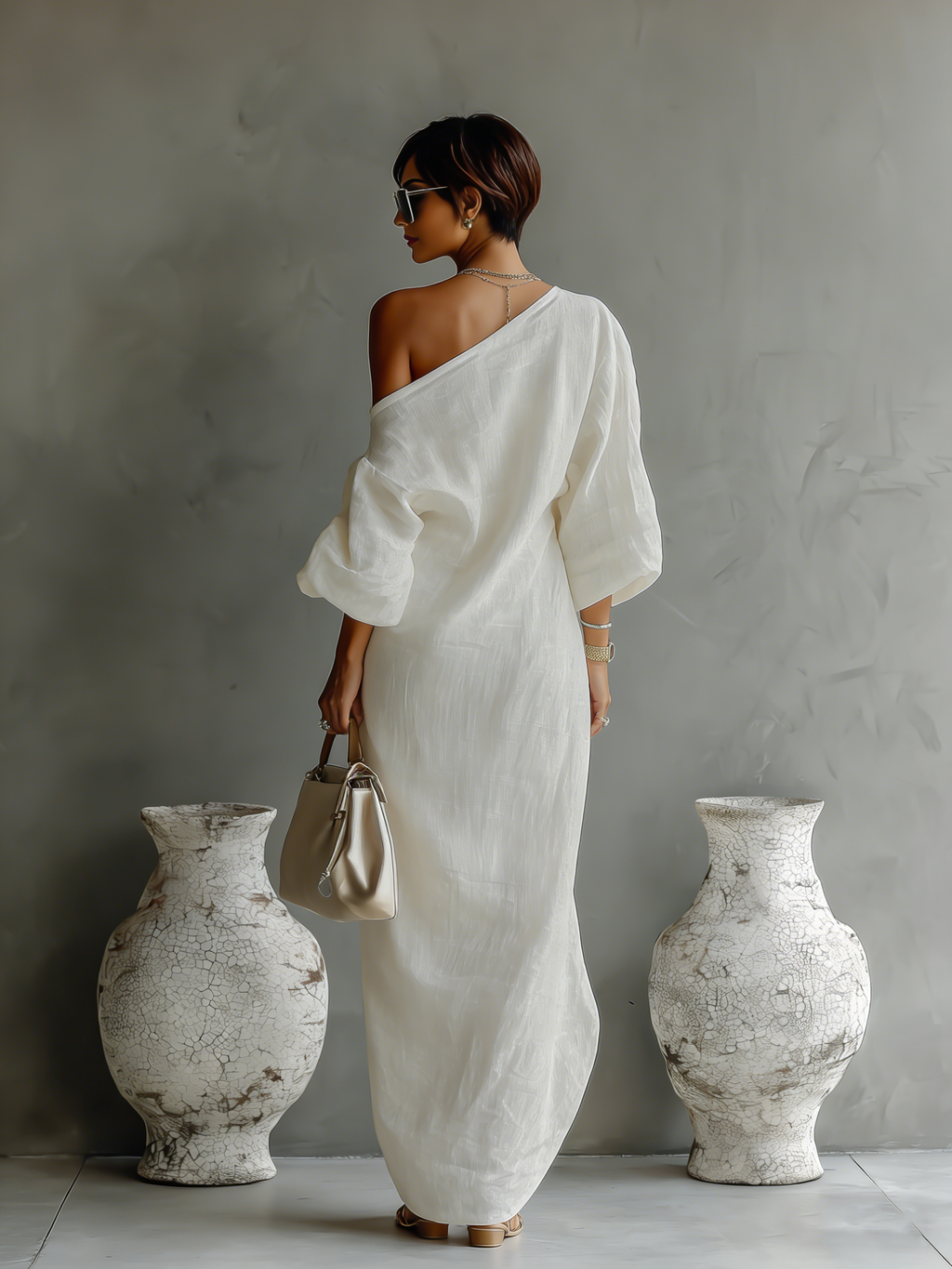 Abito Elegante Fluente in Cotone-Lino Bianco Avorio con Spalla Scoperta