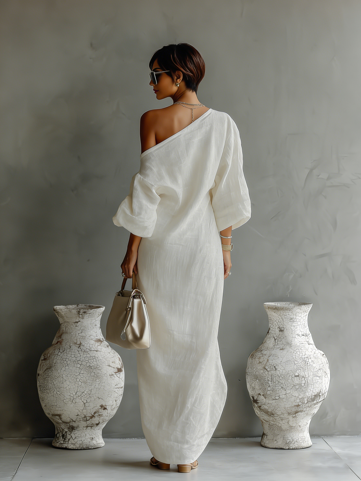 Abito elegante in cotone-lino bianco avorio con spalle scoperte e design fluttuante