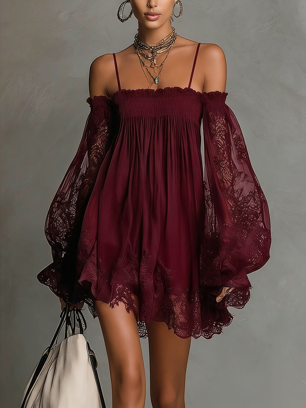 NOEMI • ABITO MINI IN CHIFFON BLU NAVY CON SCOLLO BARDOT, BORDO IN PIZZO E MANICHE TRASPARENTI