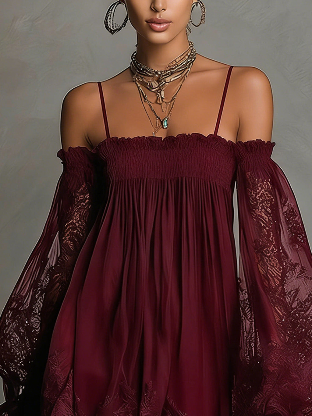 NOEMI • ABITO MINI IN CHIFFON BLU NAVY CON SCOLLO BARDOT, BORDO IN PIZZO E MANICHE TRASPARENTI