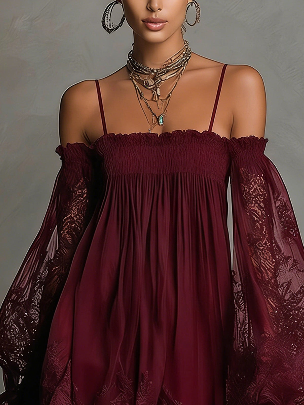 NOEMI • ABITO MINI IN CHIFFON BLU NAVY CON SCOLLO BARDOT, BORDO IN PIZZO E MANICHE TRASPARENTI