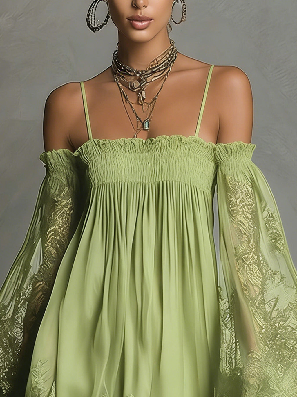 NOEMI • ABITO MINI IN CHIFFON BLU NAVY CON SCOLLO BARDOT, BORDO IN PIZZO E MANICHE TRASPARENTI