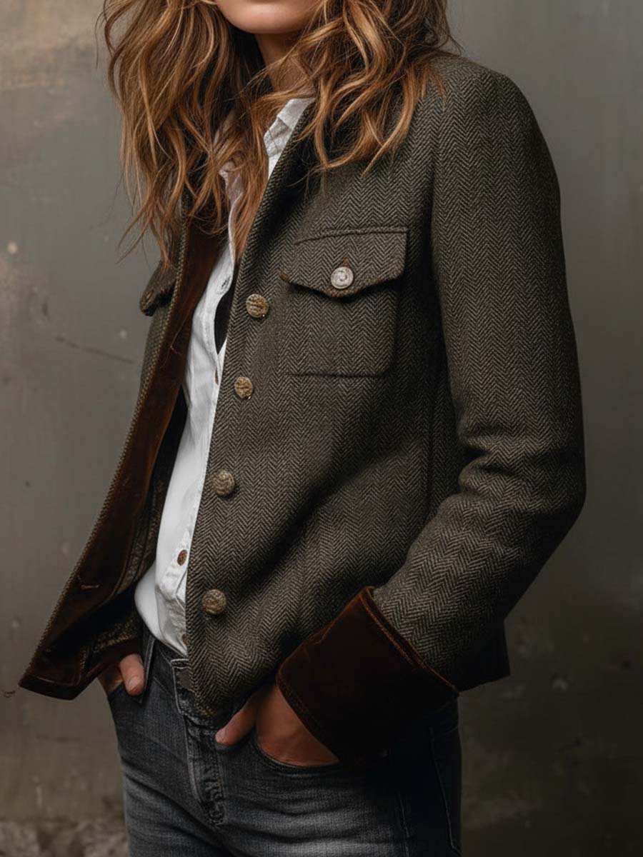 HONORINE | BLAZER VINTAGE A CHEVRON CON PROFILI A CONTRASTO