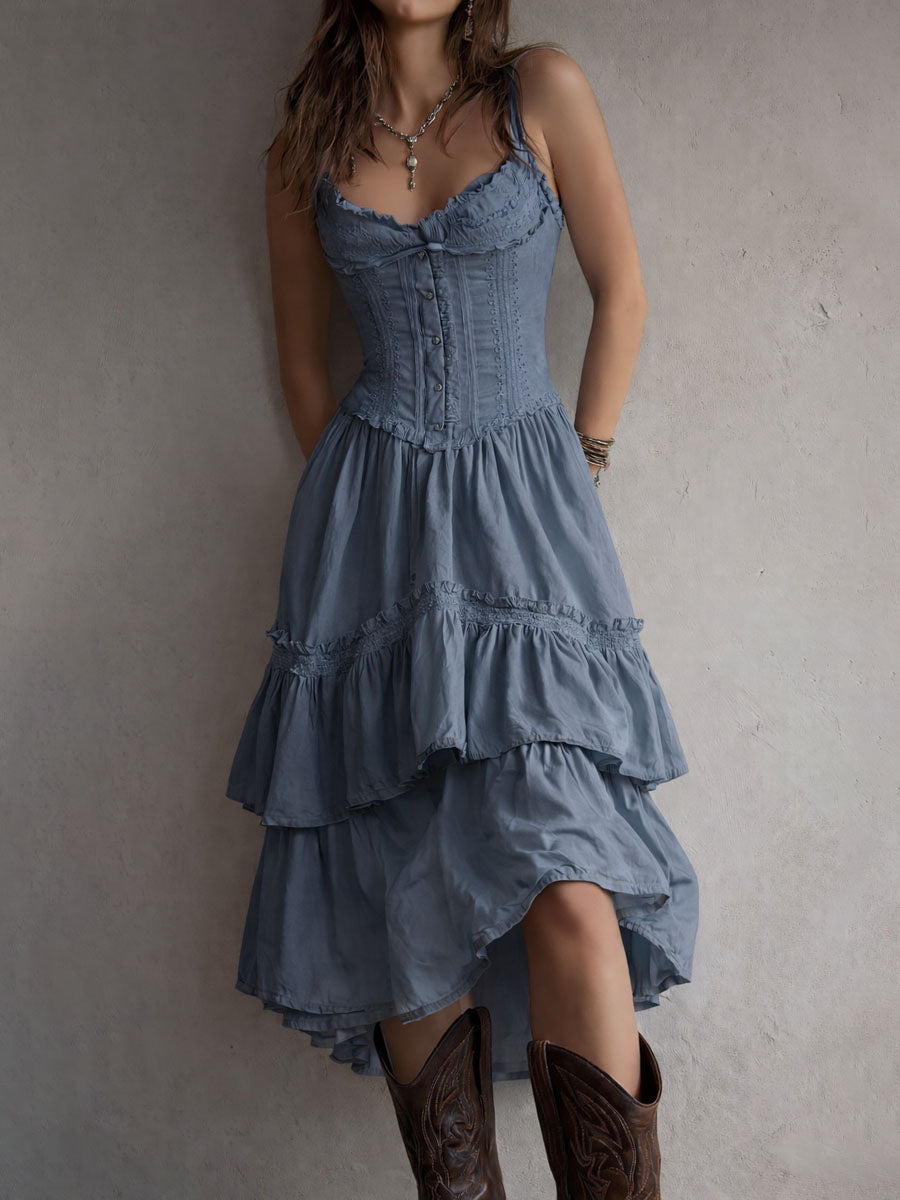 ABITO MIDI RETRÒ BOHO CON CORSETTO A PIÙ STRATI E BORDI IN PIZZO
