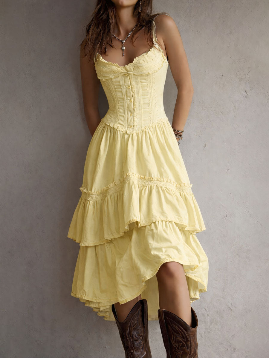 ABITO MIDI RETRÒ BOHO CON CORSETTO A PIÙ STRATI E BORDI IN PIZZO