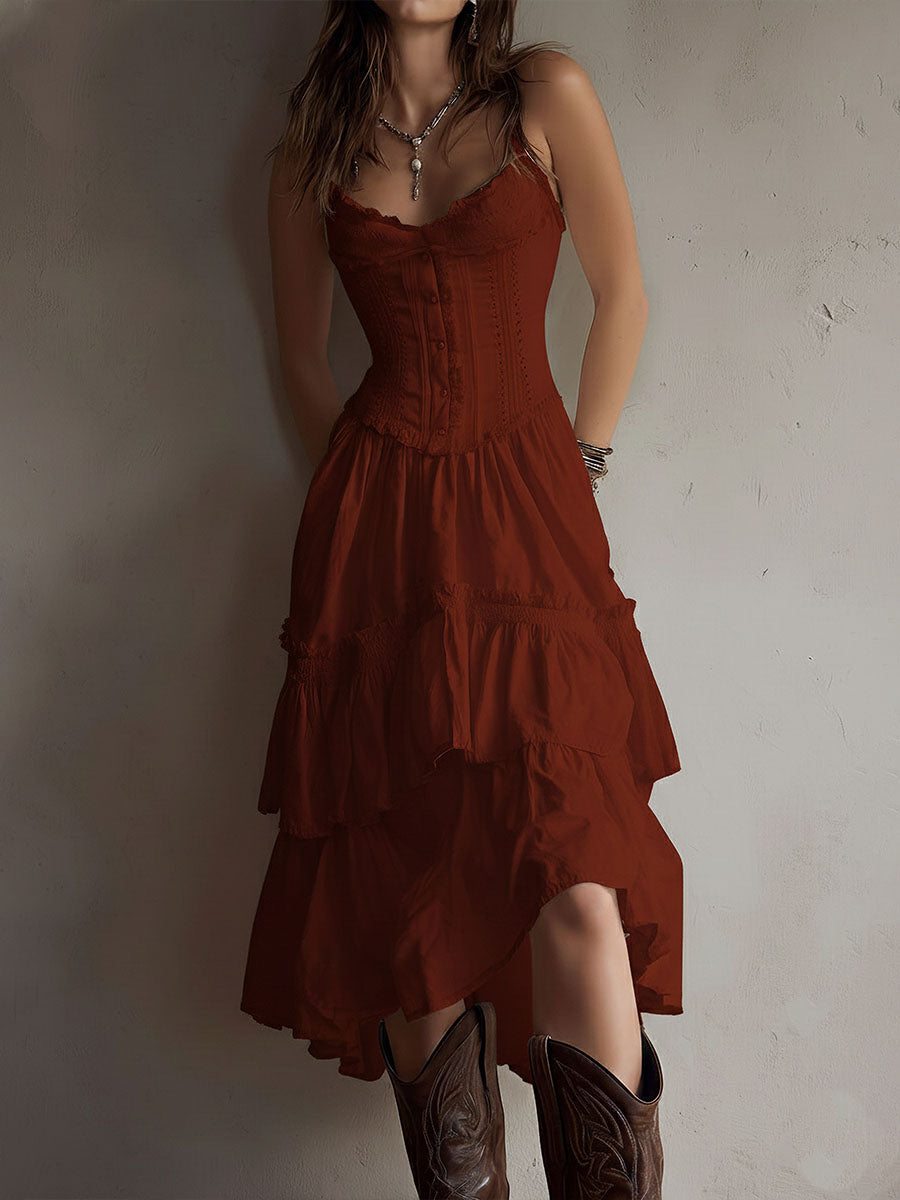 ABITO MIDI RETRÒ BOHO CON CORSETTO A PIÙ STRATI E BORDI IN PIZZO