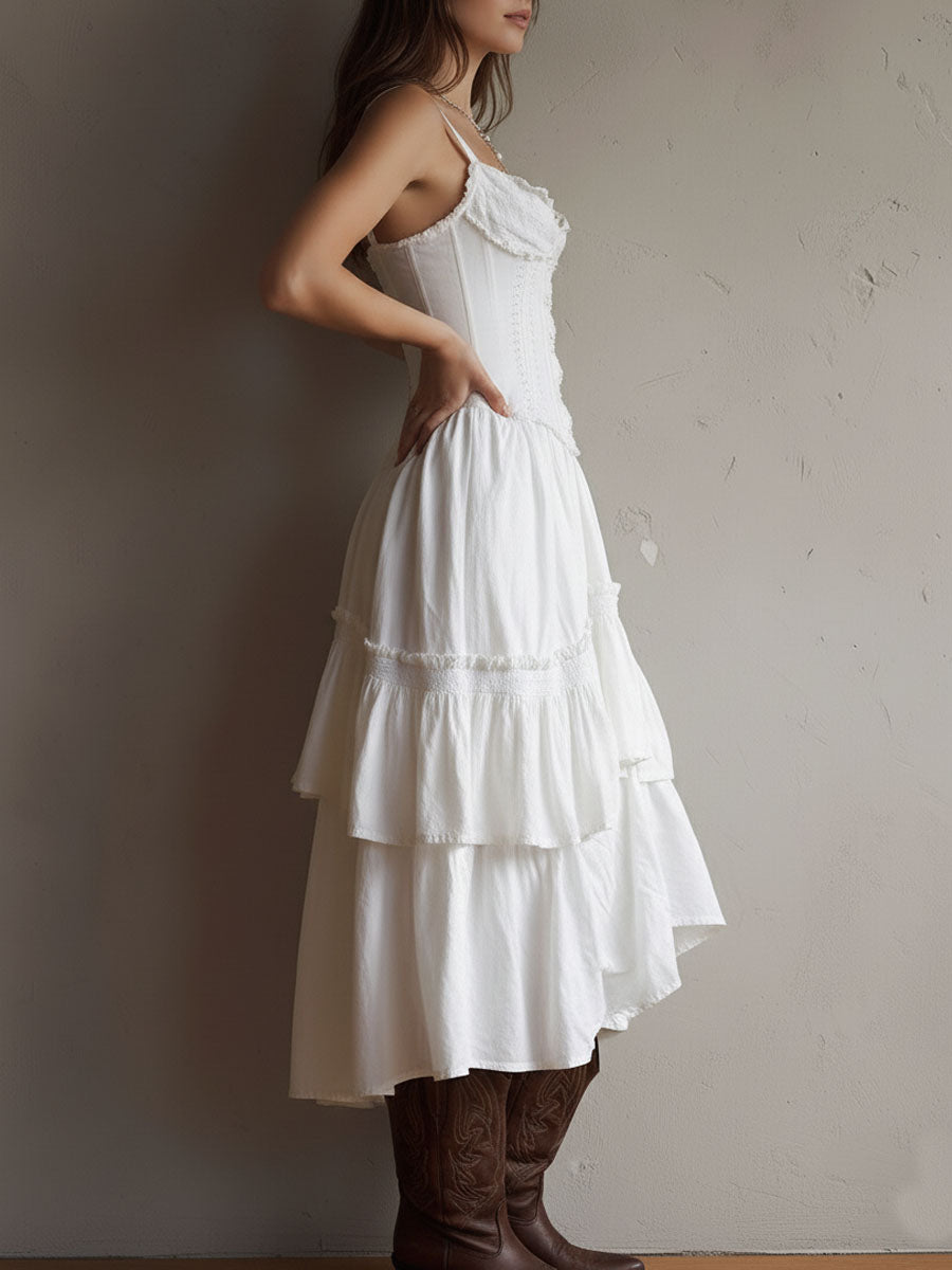 ABITO MIDI RETRÒ BOHO CON CORSETTO A PIÙ STRATI E BORDI IN PIZZO