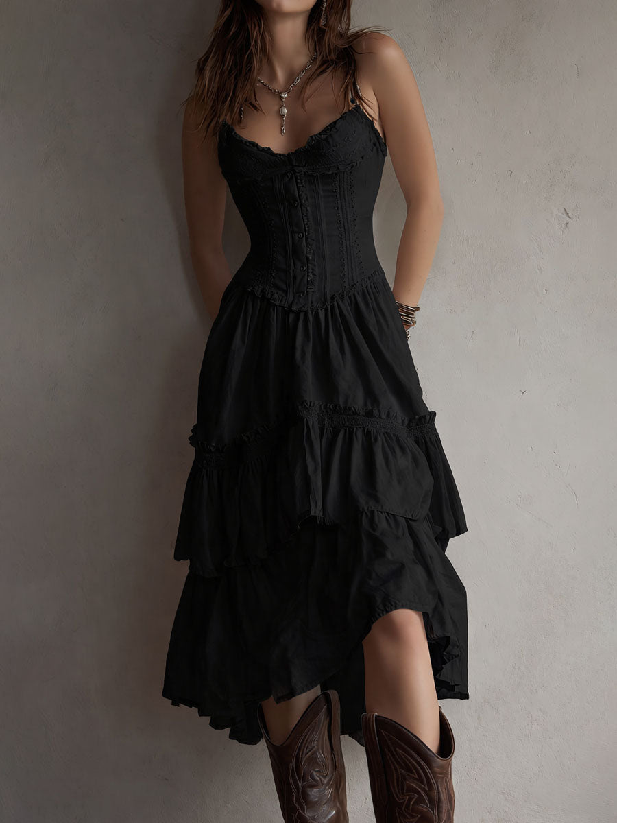 ABITO MIDI RETRÒ BOHO CON CORSETTO A PIÙ STRATI E BORDI IN PIZZO