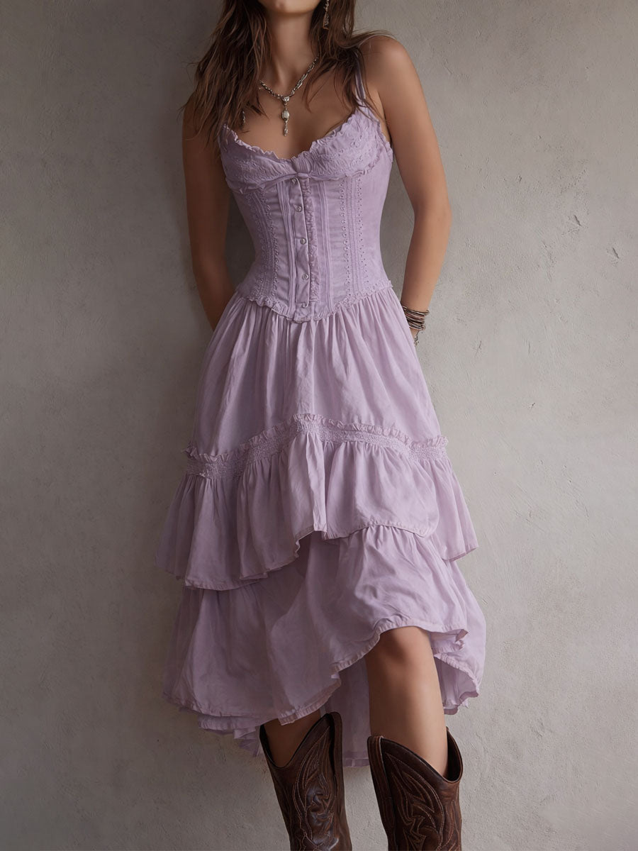 ABITO MIDI RETRÒ BOHO CON CORSETTO A PIÙ STRATI E BORDI IN PIZZO