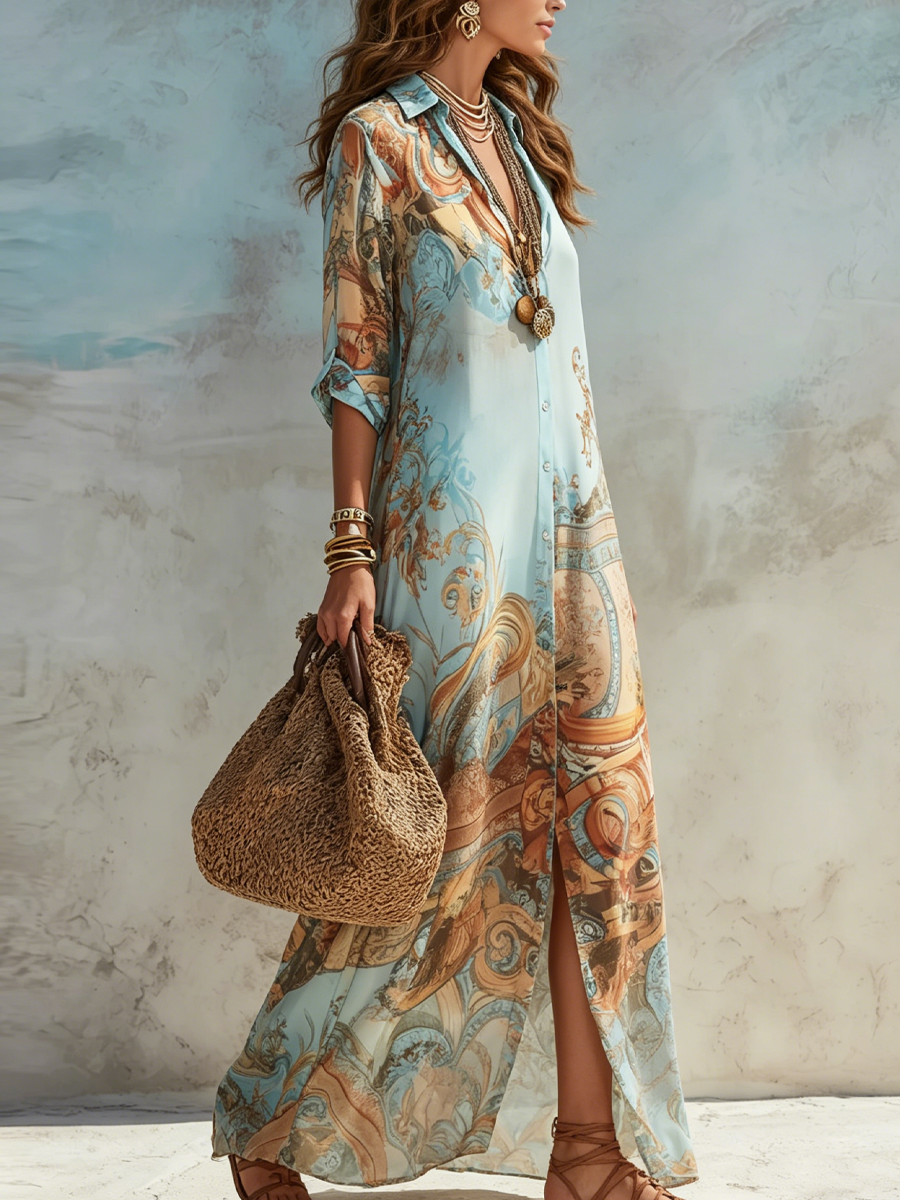 VESTITO LUNGO IN CHIFFON BLU CON MOTIVO FLOREALE IN STILE BAROCCO