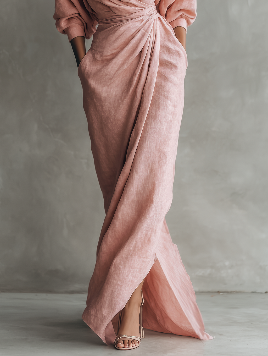 Abito lungo minimalista rosa con scollo a V in misto lino da donna