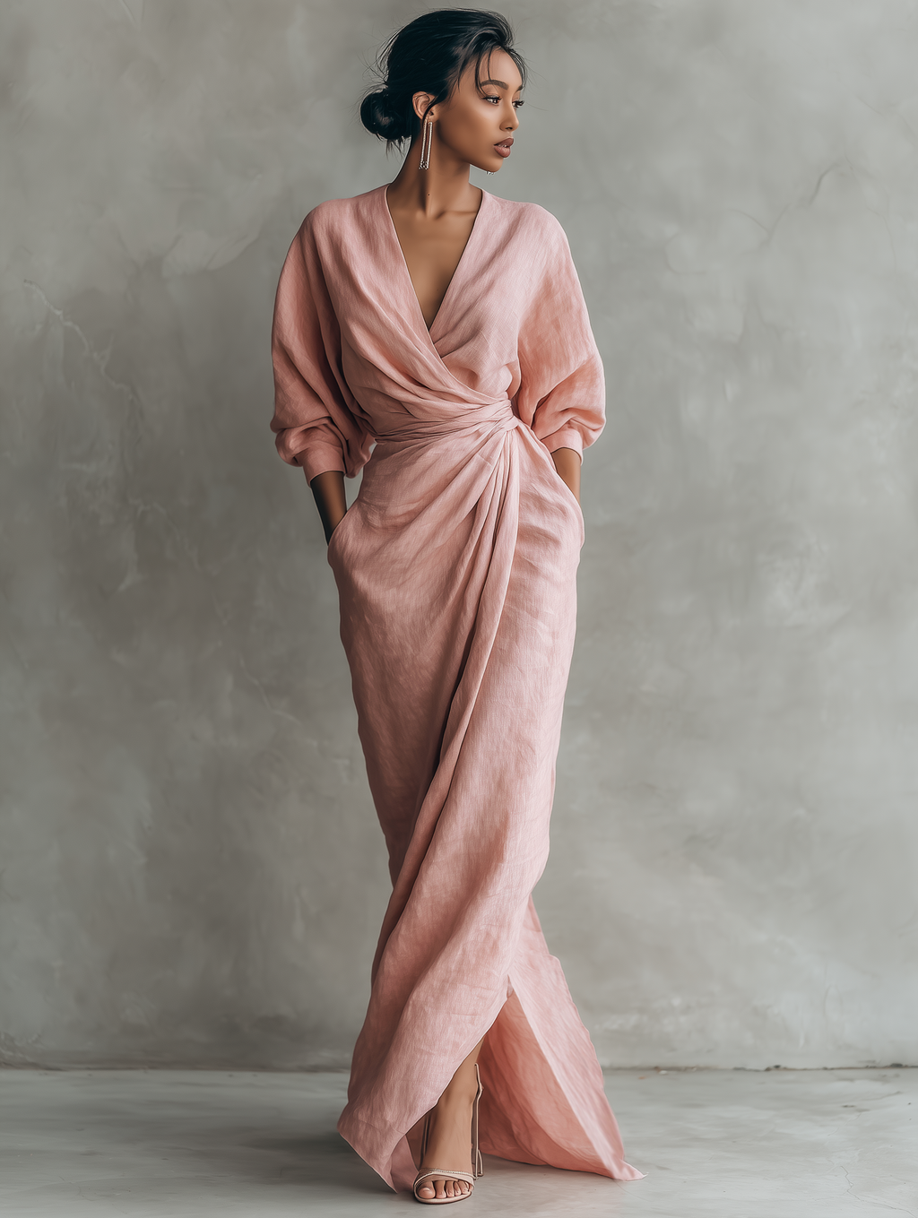 Abito lungo da donna rosa minimalista con scollo a V in misto lino