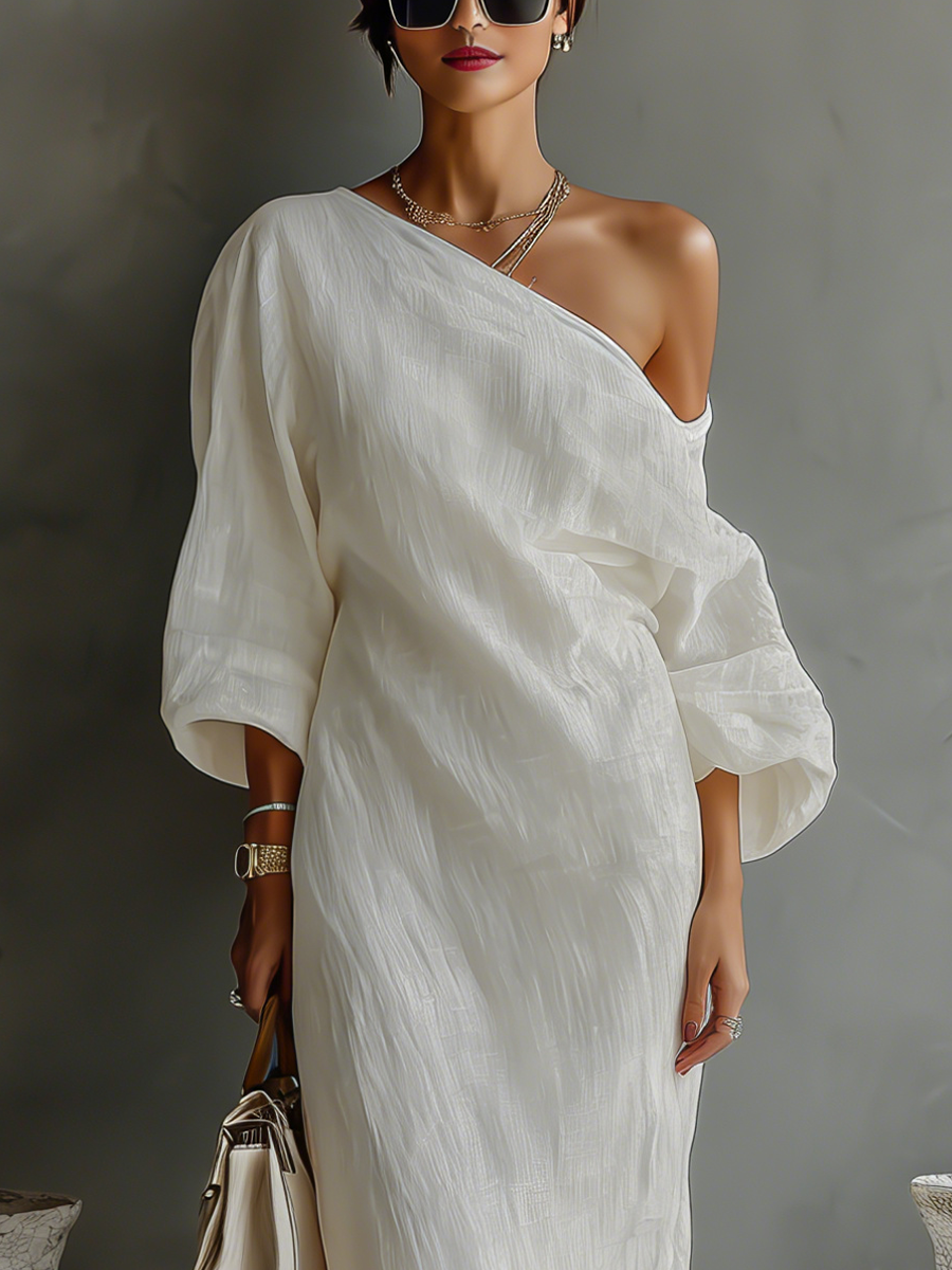 Abito Elegante Fluente in Cotone-Lino Bianco Avorio con Spalla Scoperta