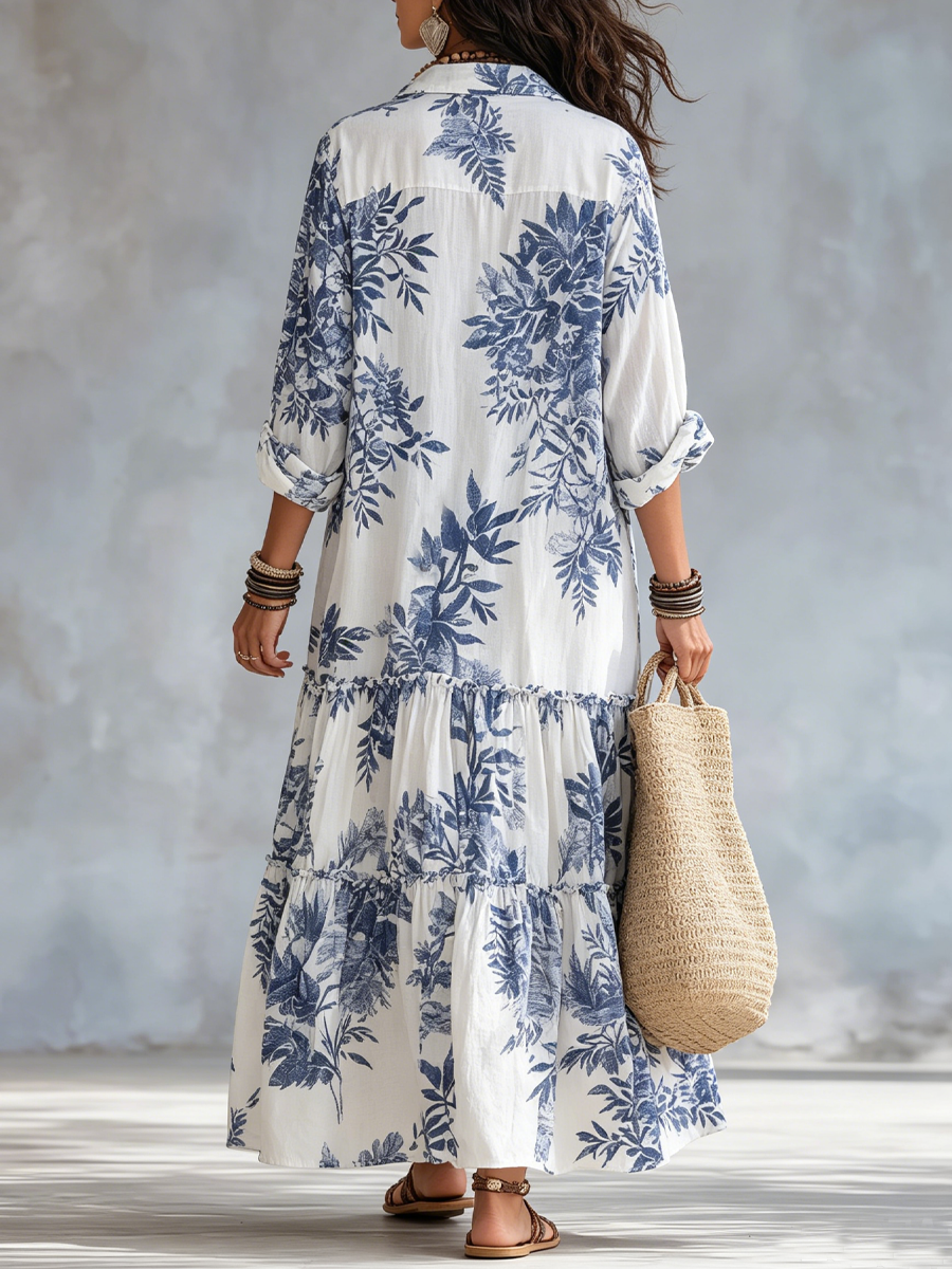 VESTITO LUNGO IN STILE BOHEMIEN A FIORI BLU CON BOTTONI FRONTALI