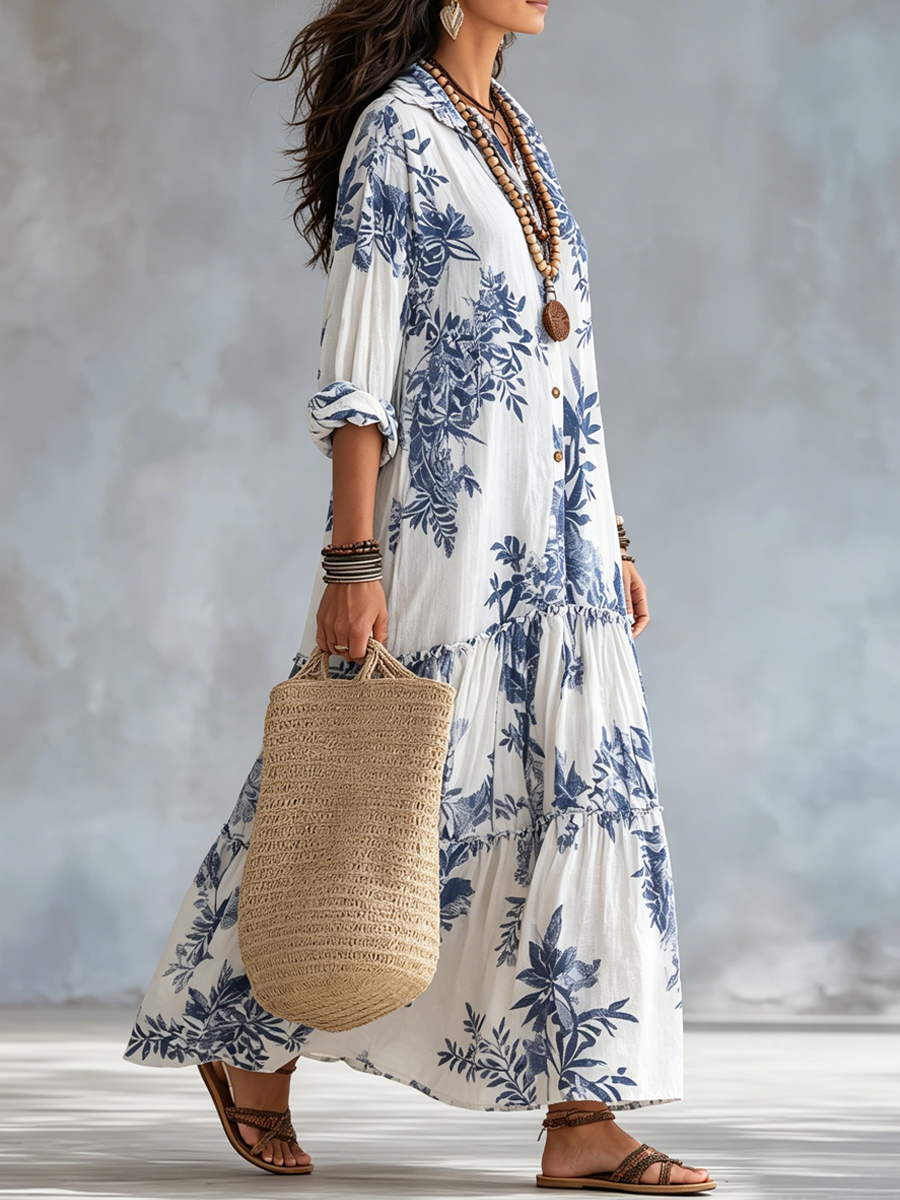 VESTITO LUNGO IN STILE BOHEMIEN A FIORI BLU CON BOTTONI FRONTALI