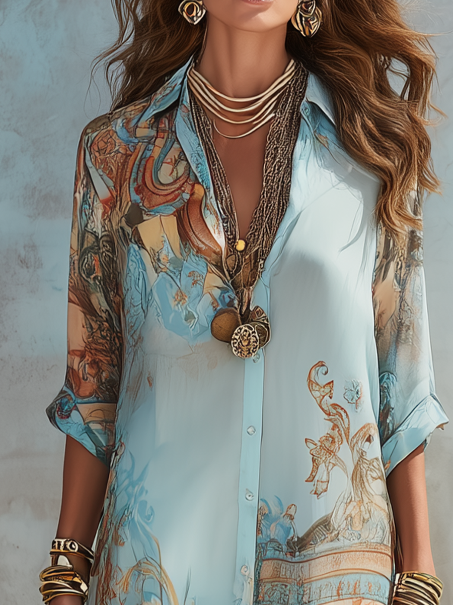 VESTITO LUNGO IN CHIFFON BLU CON MOTIVO FLOREALE IN STILE BAROCCO