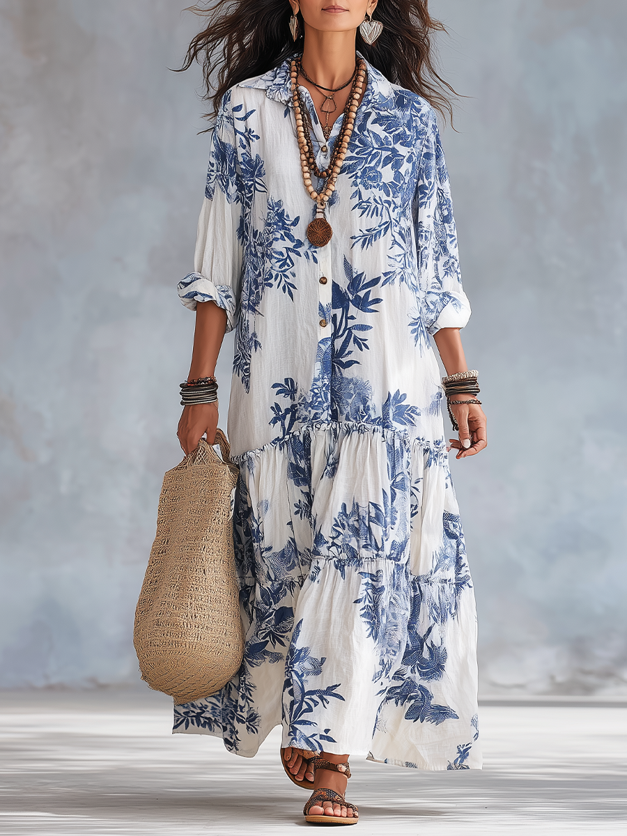 VESTITO LUNGO IN STILE BOHEMIEN A FIORI BLU CON BOTTONI FRONTALI