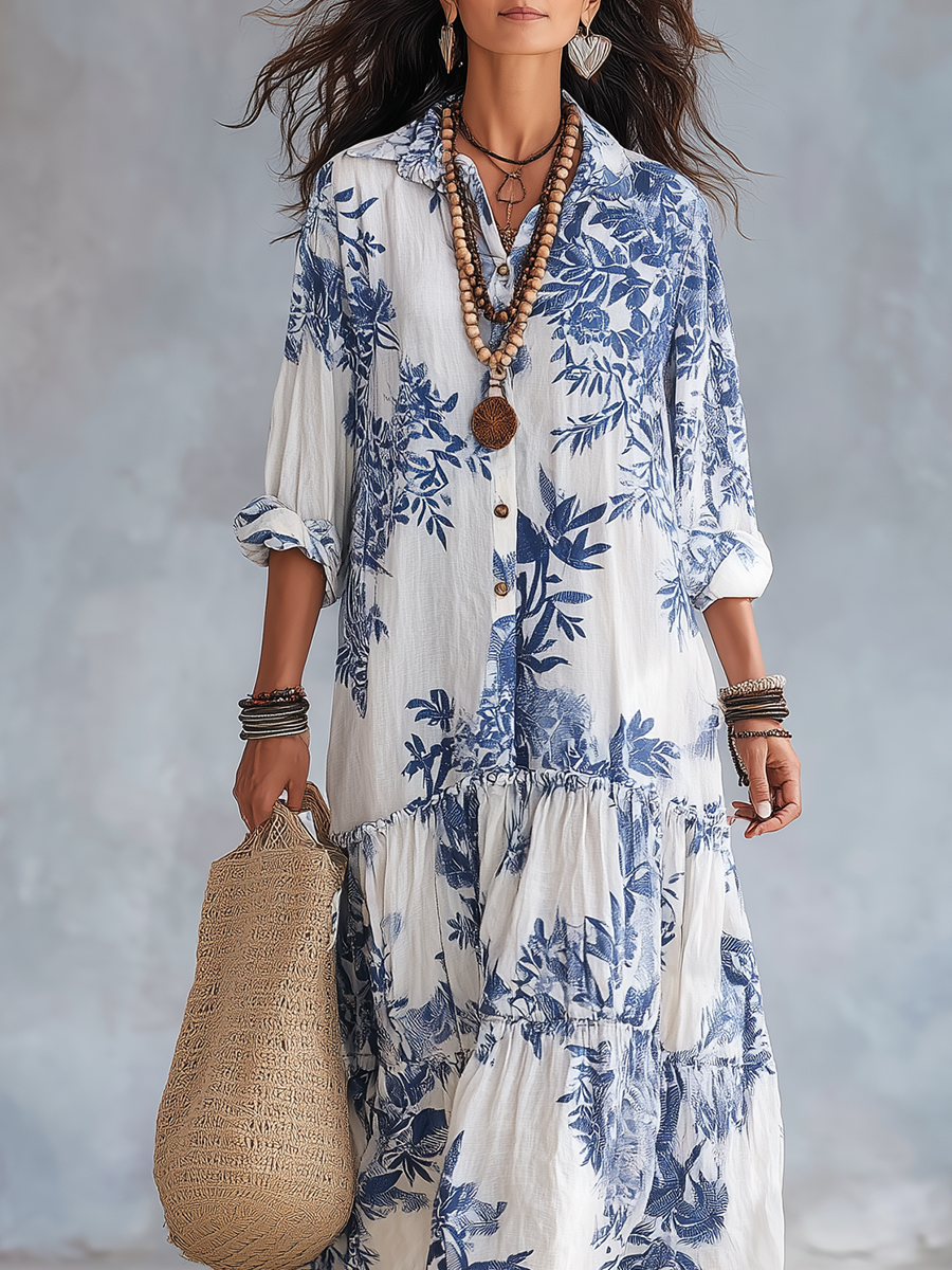 VESTITO LUNGO IN STILE BOHEMIEN A FIORI BLU CON BOTTONI FRONTALI