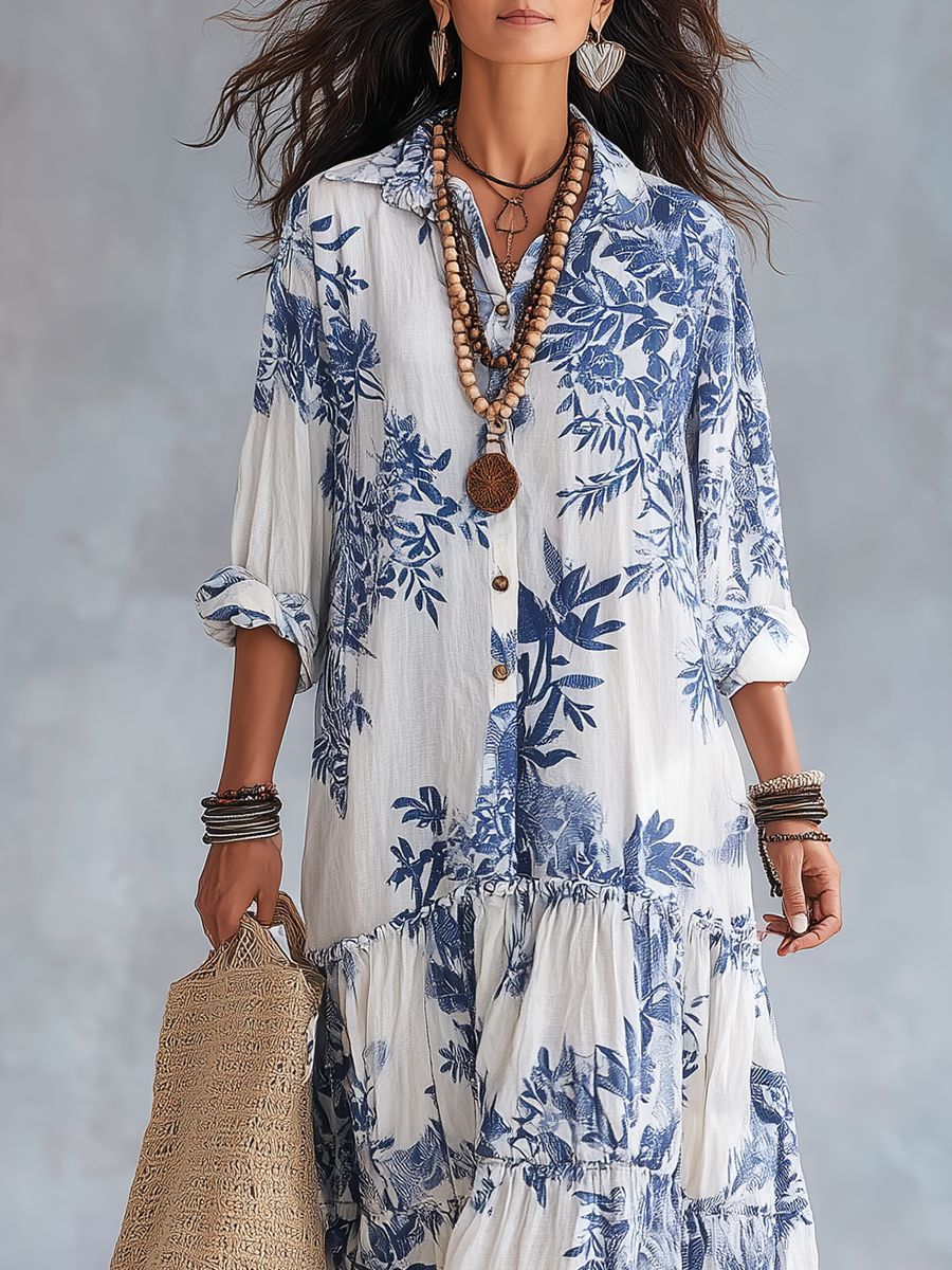 VESTITO LUNGO IN STILE BOHEMIEN A FIORI BLU CON BOTTONI FRONTALI