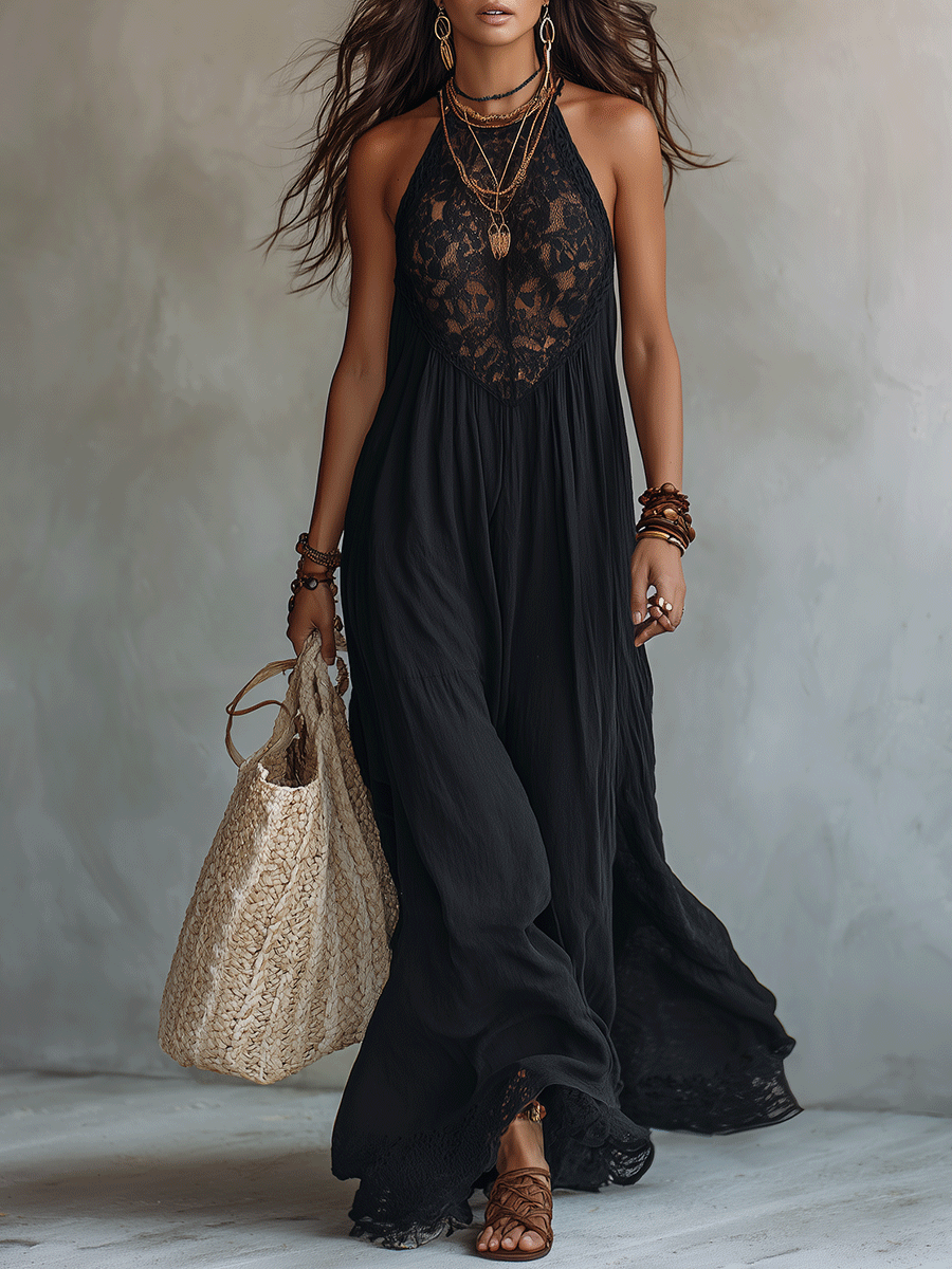 VESTITO MAXI DA SERA ELEGANTE BOHÉMIEN SENZA MANICHE CON DRAPPEGGIO MORBIDO