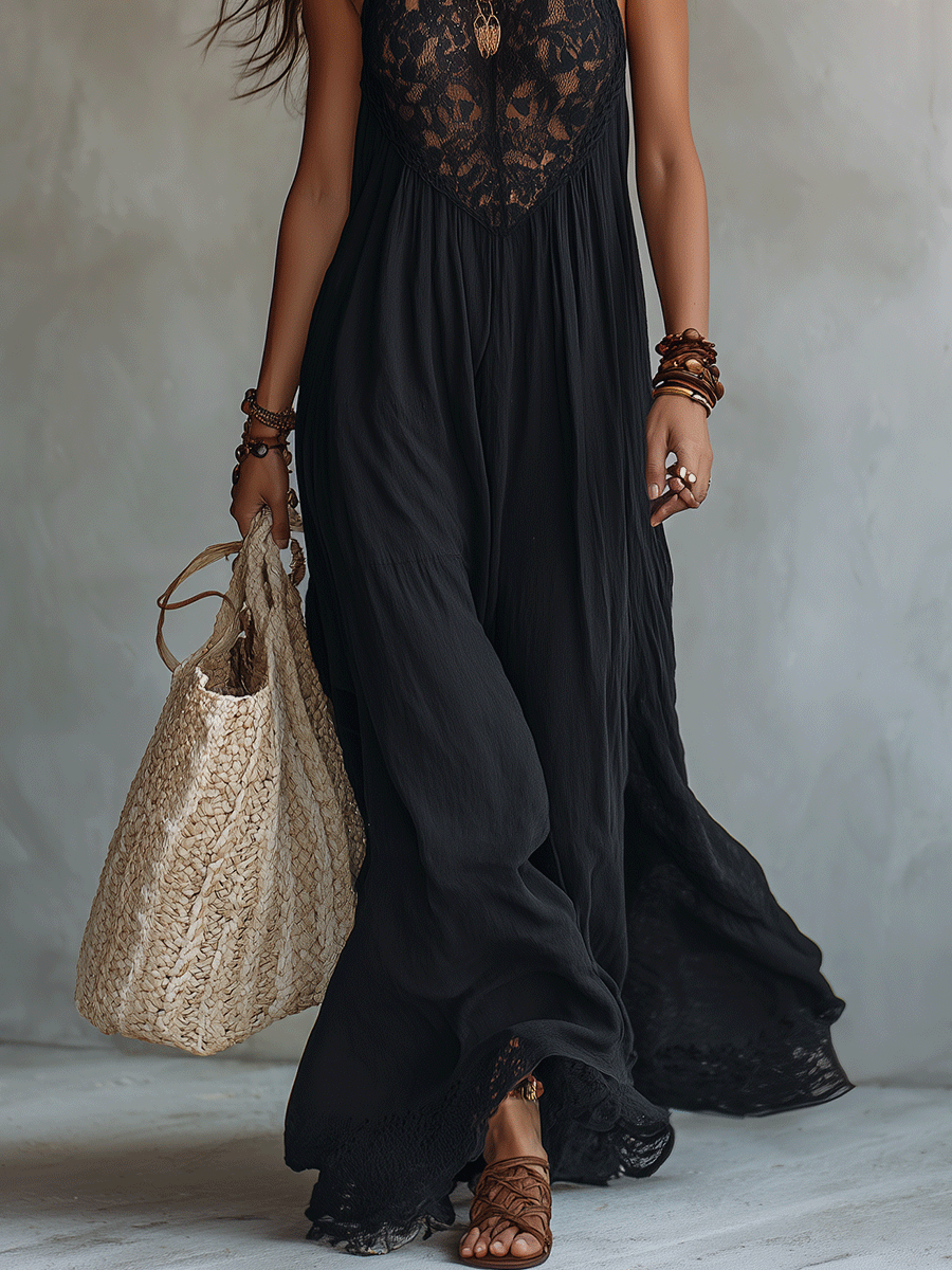 VESTITO MAXI DA SERA ELEGANTE BOHÉMIEN SENZA MANICHE CON DRAPPEGGIO MORBIDO