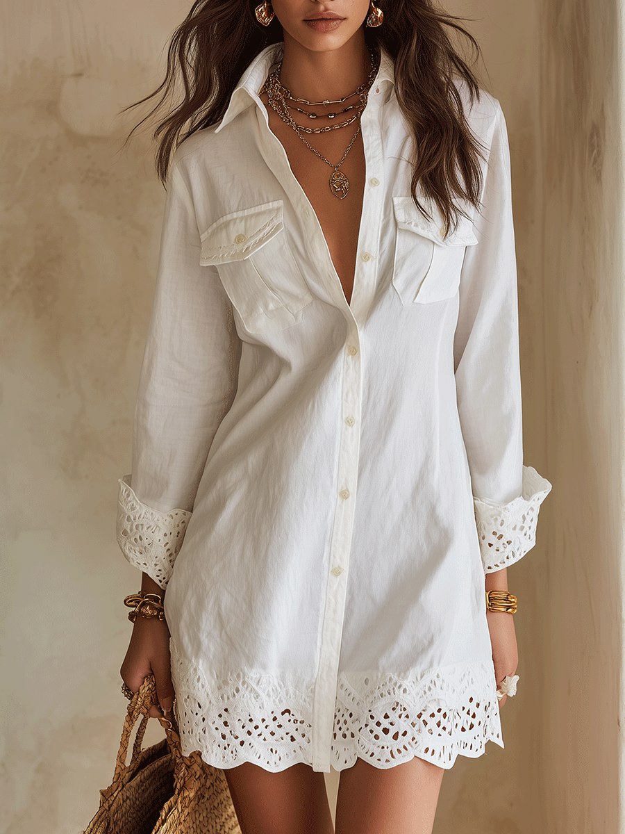 VESTITO MINI BIANCO IN STILE CAMICIA BOHEMIANO CON ORLO A OCCHIELLI DA RESORT