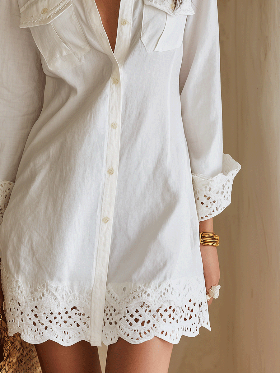 VESTITO MINI BIANCO IN STILE CAMICIA BOHEMIANO CON ORLO A OCCHIELLI DA RESORT
