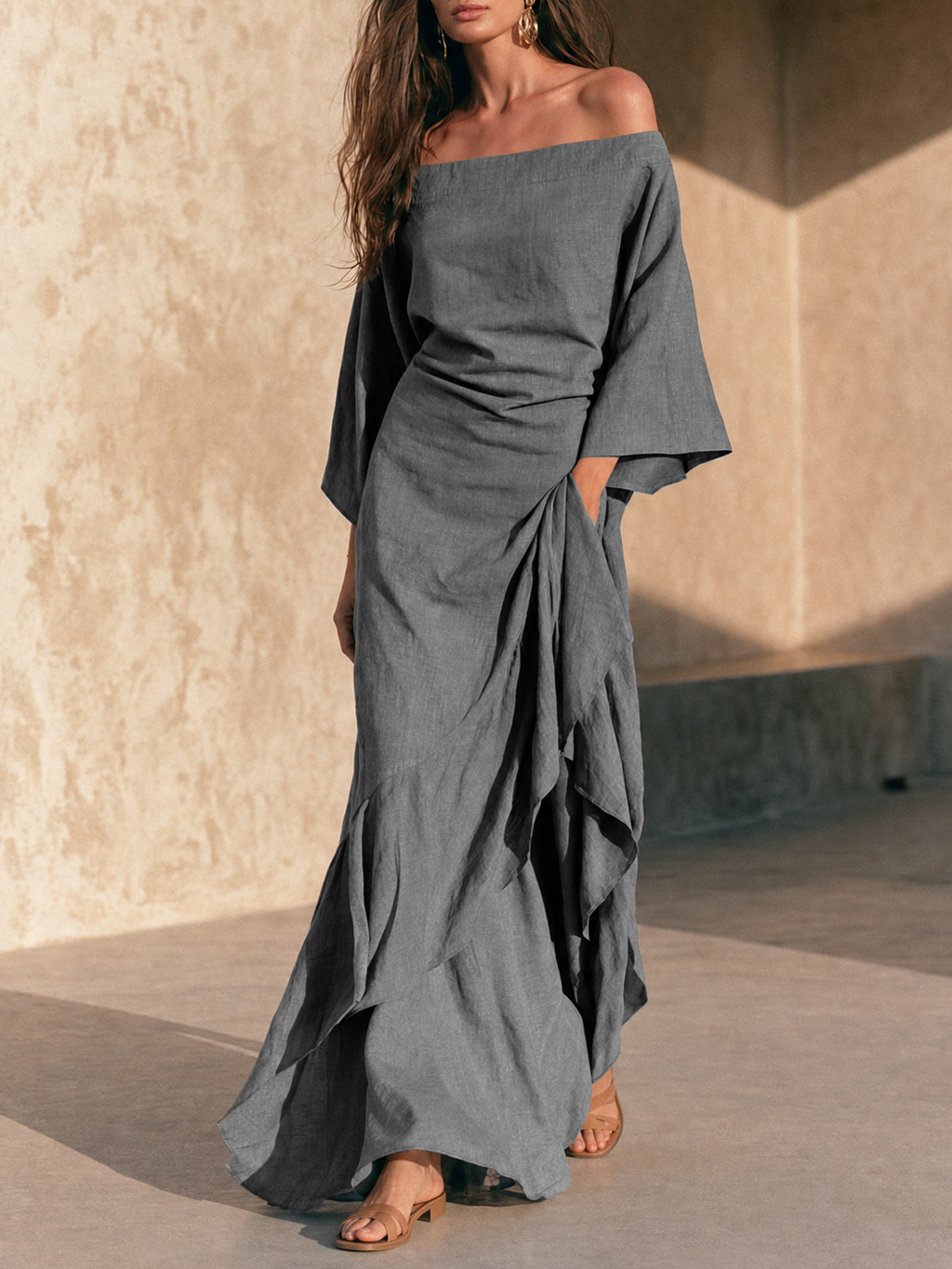 AURE | ABITO MAXI MINIMALISTA CON SPALLE SCOPERTE, ORLO CON VOLANT E MANICHE SVASATE