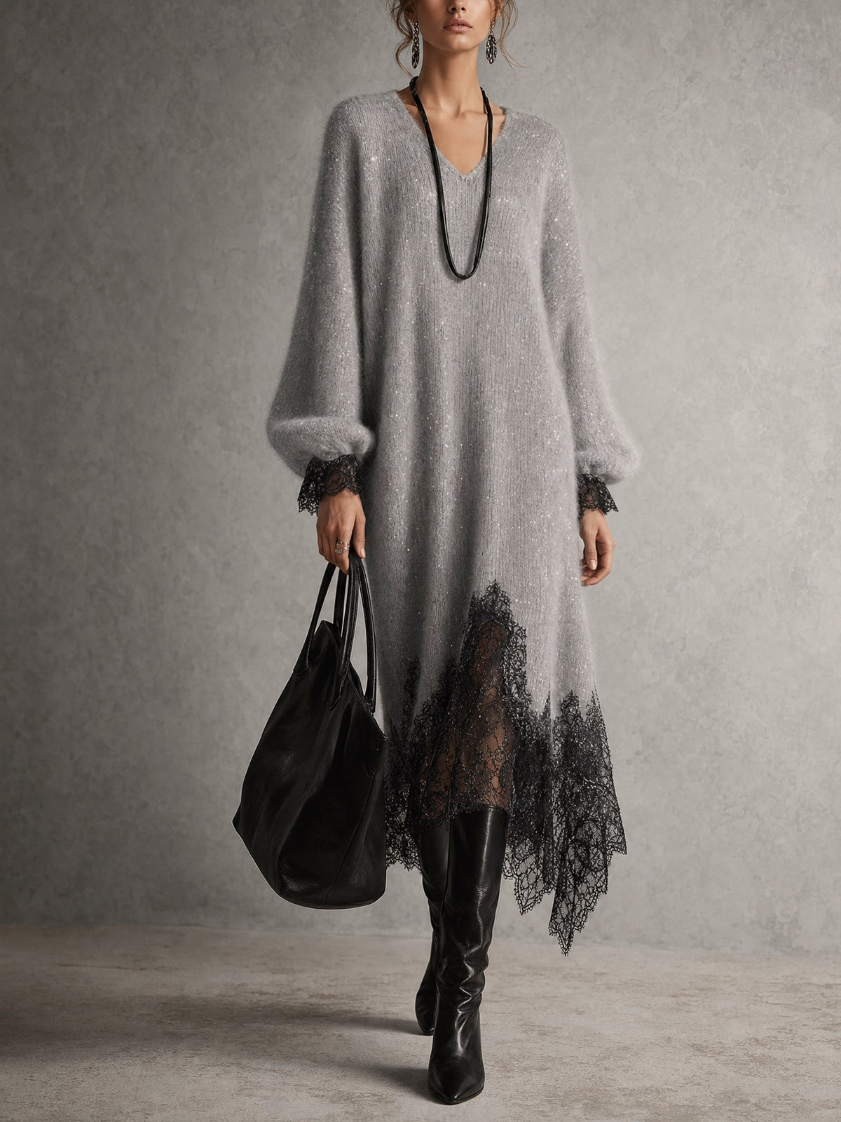 ABITO MIDI GRIGIO IN MAGLIA LUCIDA CON BORDO IN PIZZO